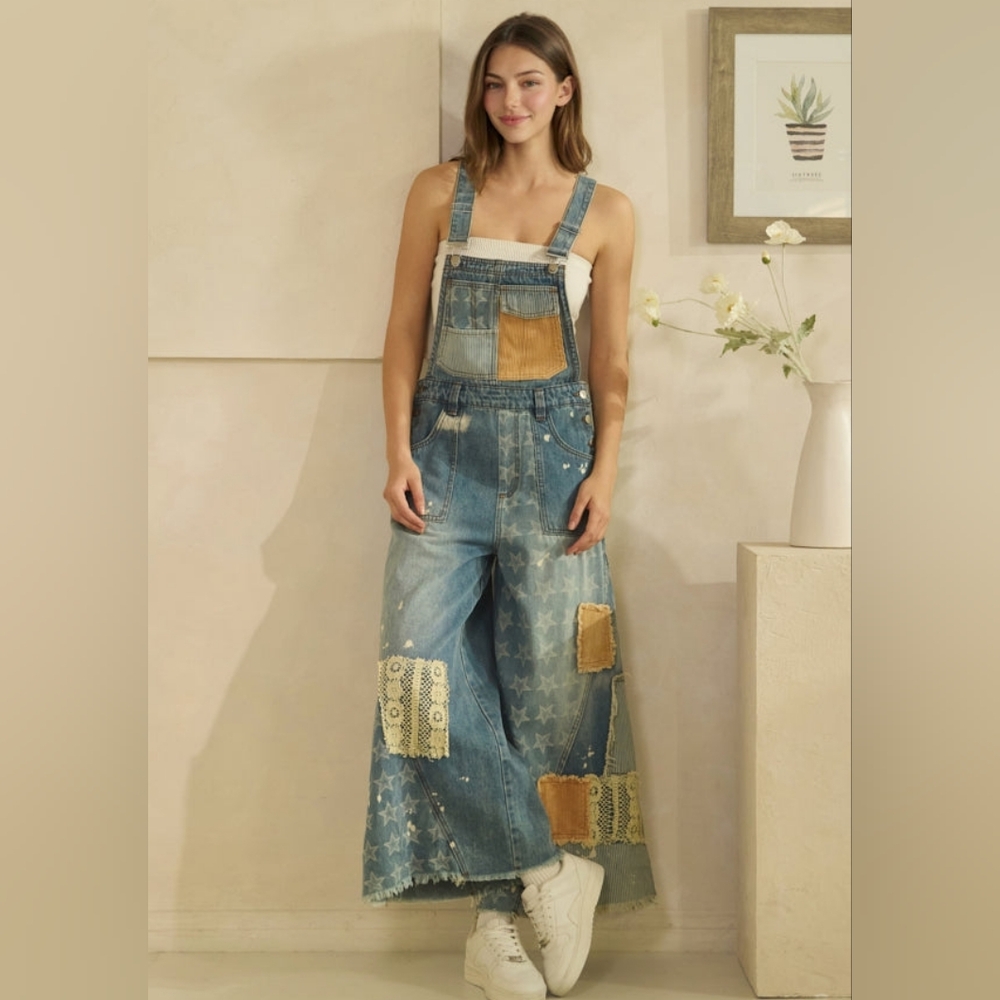 Oli & Hali Multi Patchwork Denim Overalls Sm-Xl